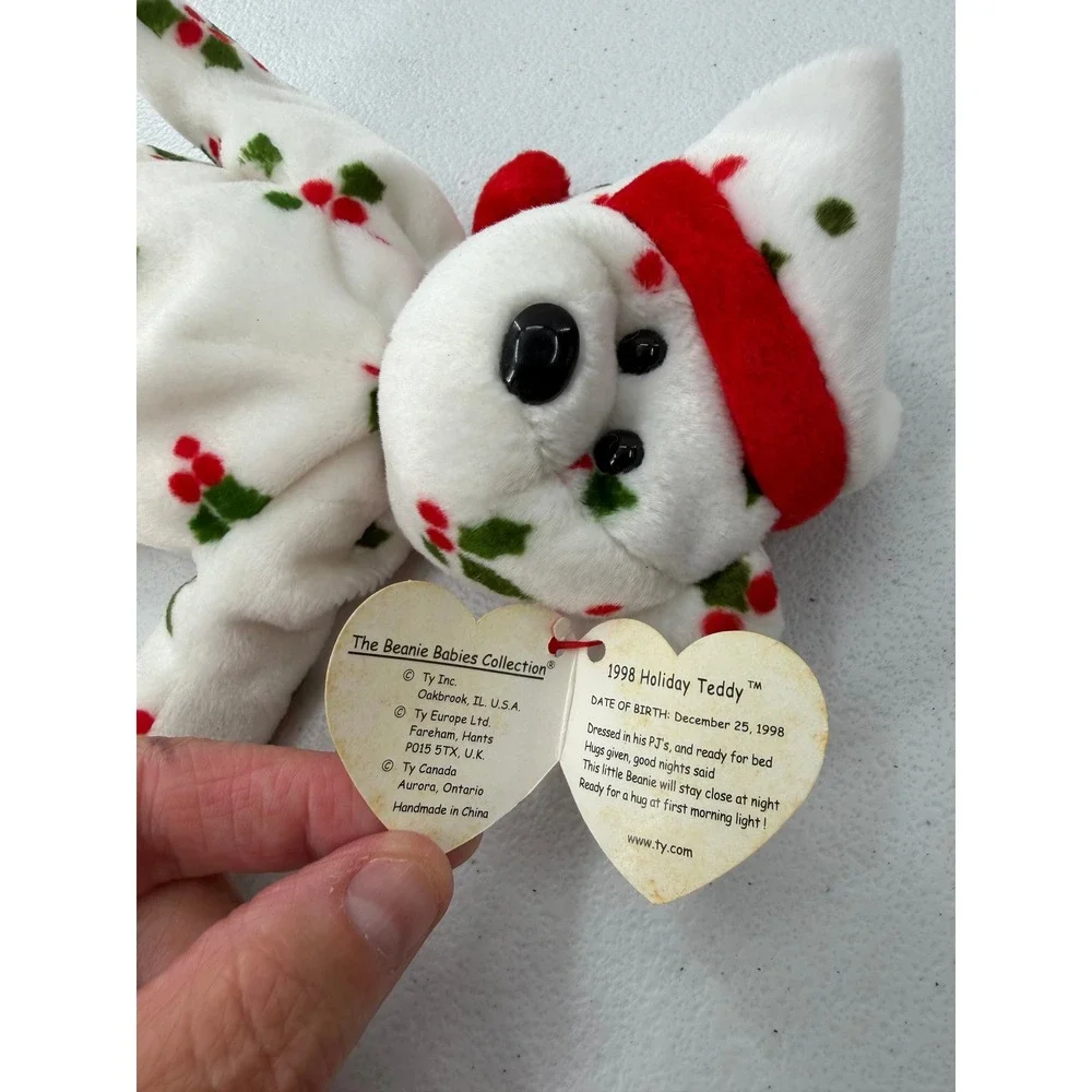 Ty Beanie Baby 1998 Holiday Teddy White Holly Berry Christmas Bear Plush 8.5 in